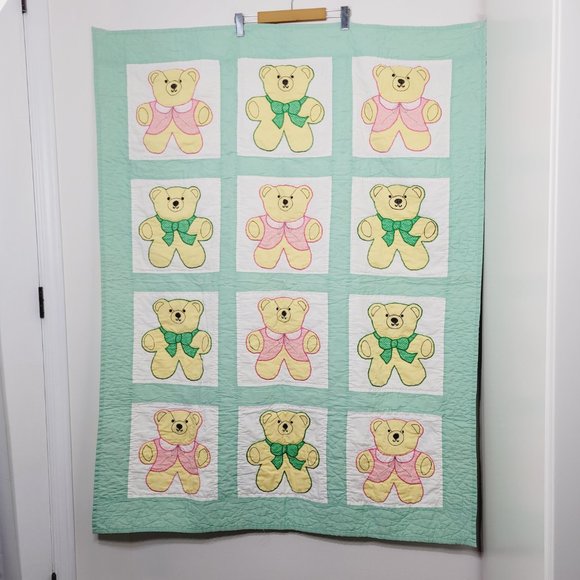 Vintage Nursery Rhyme Baby Quilt Blanket Double Sided Teddy Bears Embroidered - Picture 10 of 12
